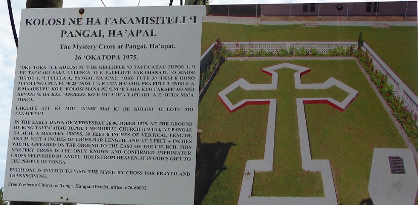 Sign about the Mystery Cross in Pangai Village